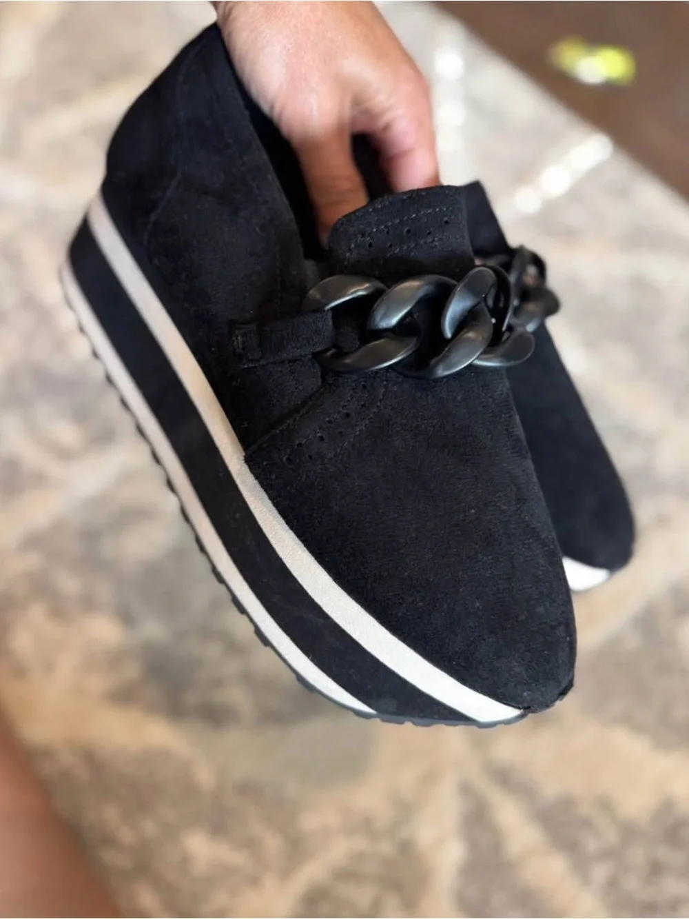 Pierre Dumas Black Suede Platform Loafers with Chain Accent